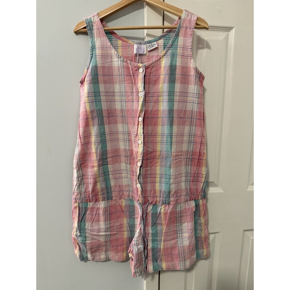 Vintage 90's Take Nine Maternity Romper Sz S Pastel Plaid Drop Waist Button Up